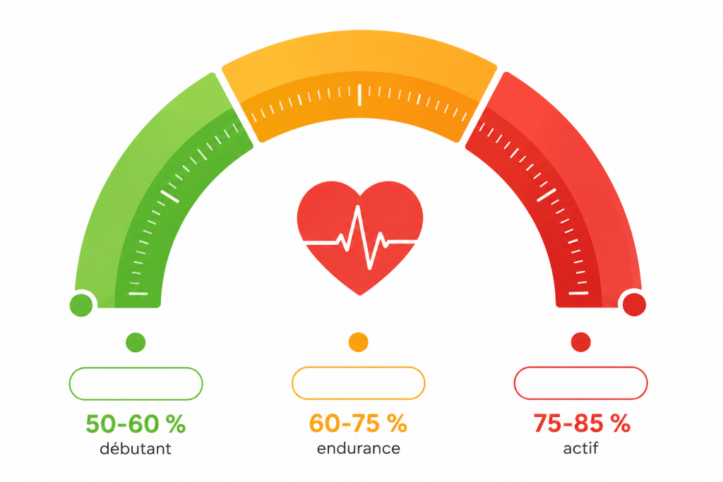 Les trois zones de fréquence cardiaque à l'entraînement - 50-60 % débutant, 60-75 % endurance, 75-85 % actif.