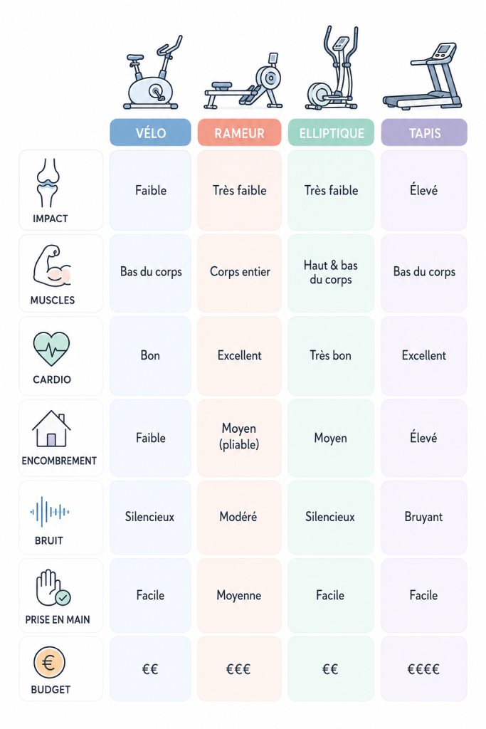 Infographie comparaison par critère entre Vélo, Rameur, elliptique et tapis